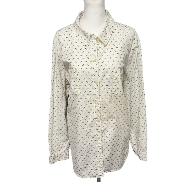 Old Navy Womens Plus XXL Nautical Anchor Print Long Sleeve Button Down Shirt Top - Picture 1 of 7